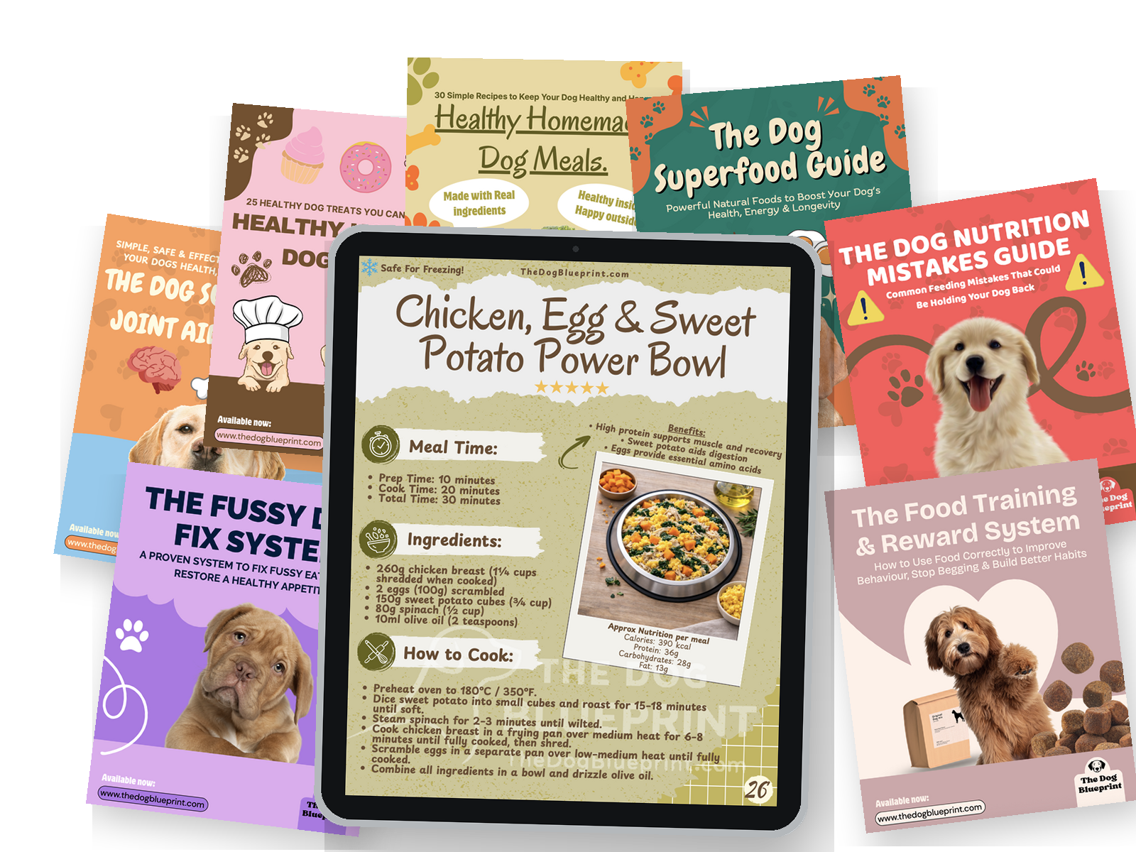 A recipe page from The Dog Blueprint guides shown on a tablet